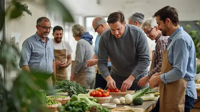 Mitarbeiter und Bewohner beim Zubereiten von Gemüse in der Küche