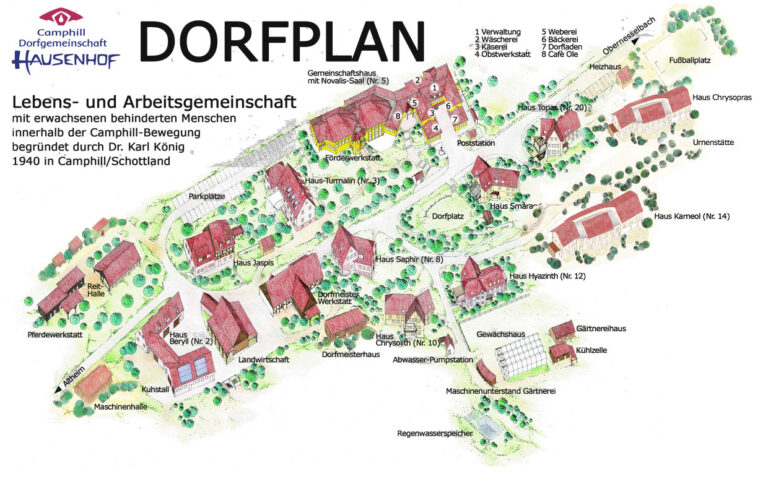 Skizze aus der Luftperspektive aller Wohnhäuser und Werkstätten der Gemeinschaft Camphill Hausenhof