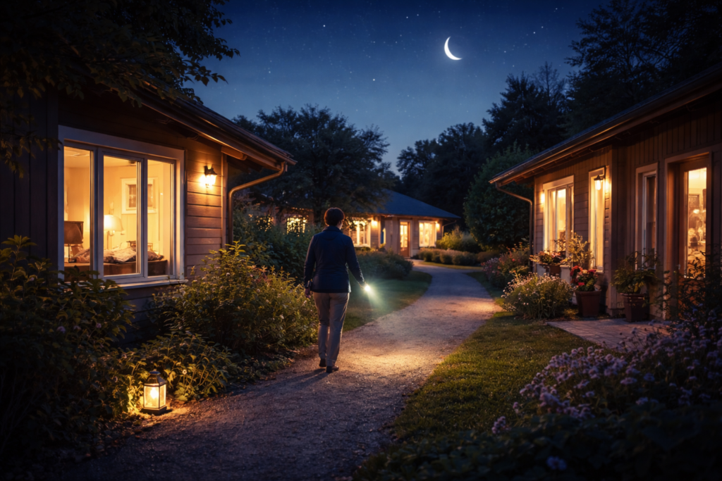 Nachtwache (w/m/d) am Camphill Hausenhof gesucht! Nachtwache spaziert mit Taschenlampe und macht ihre Rundgänge zwischen den Häusern